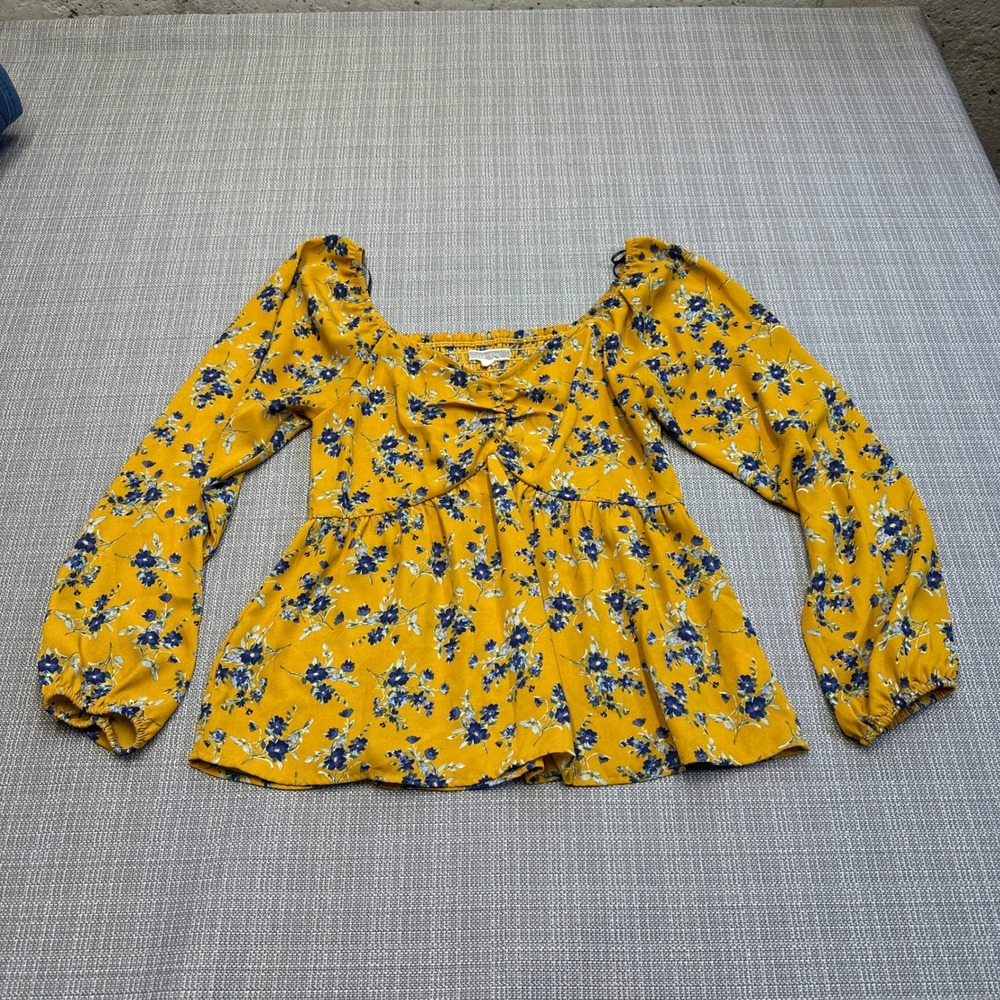 Pleione Floral Babydoll Top XS Yellow Smocked Cottagecore Coquette Peasant